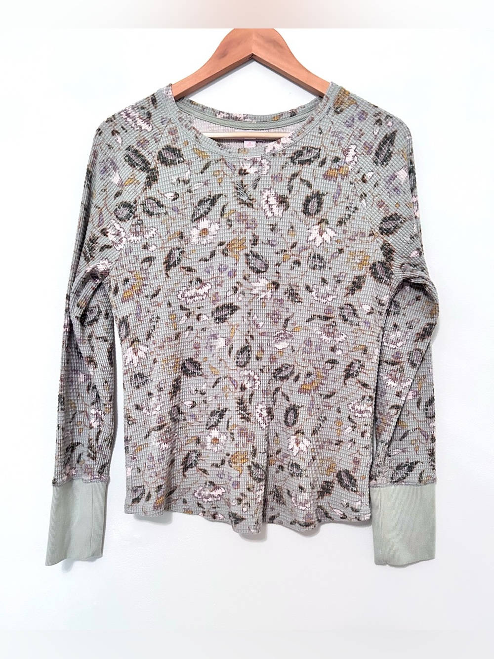 Knox Rose Sage Green Floral Waffle Long Sleeve Top with Contrast Cuffs